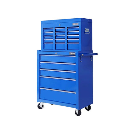 Blue rolling tool chest cabinet with multiple drawers and lockable compartments