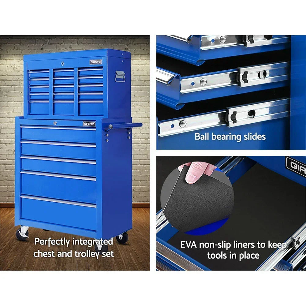 Blue tool chest and trolley set with ball bearing slides, non-slip EVA liners, multiple drawers