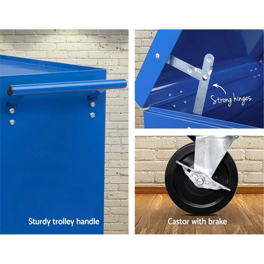 Blue mobile tool chest features sturdy trolley handle, strong metal hinges, and castor with brake.