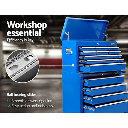 Blue tool chest with multiple drawers, open top, and ball bearing slides for smooth operation.