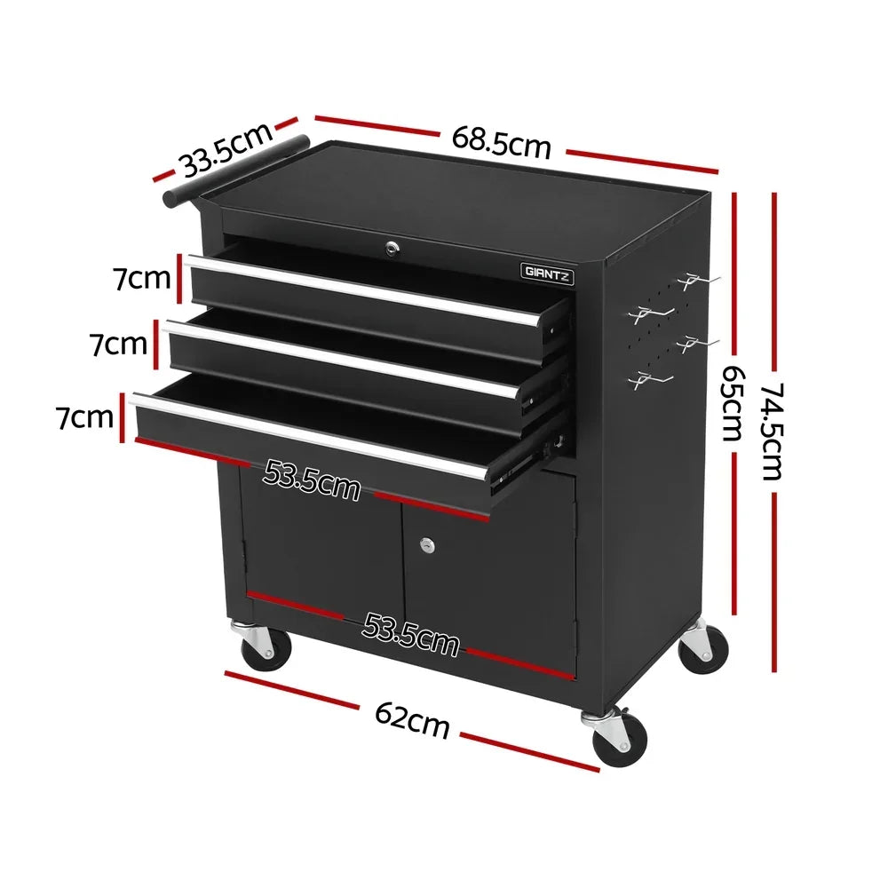 Black GIANTZ metal tool cabinet with three 7cm drawers, two-door storage, side hooks, and caster wheels