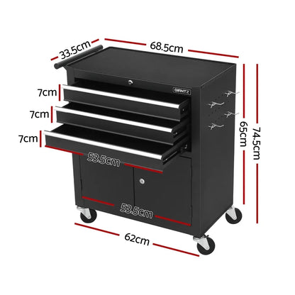 Black GIANTZ metal tool cabinet with three 7cm drawers, two-door storage, side hooks, and caster wheels