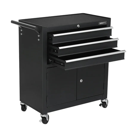 Black GIANTZ rolling tool cabinet with three open drawers, cabinet doors, side handle, and caster wheels