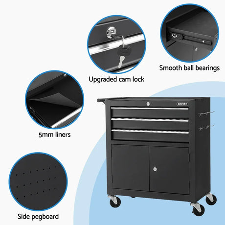 Black mobile tool cabinet with upgraded cam lock, smooth ball bearings, 5mm liners, and side pegboard