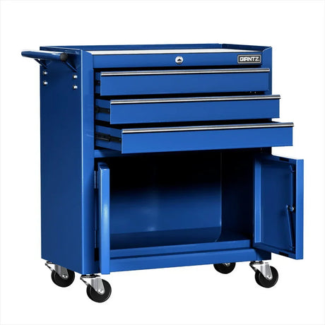 Blue rolling tool cabinet with three open drawers and lower cabinet door open