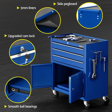Blue tool chest with open doors, drawers, tools on top, pegboard with hanging tools, locking cam lock