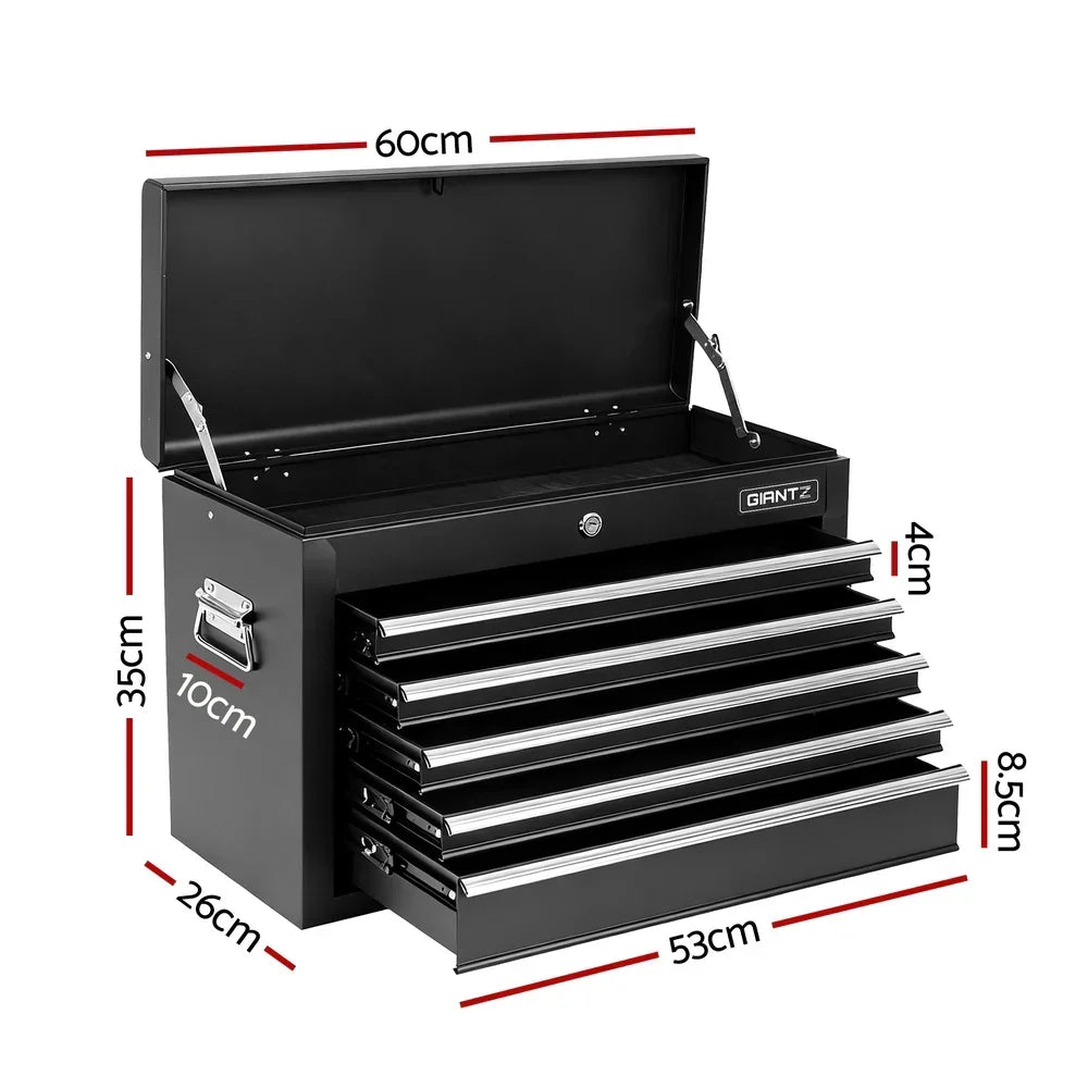 Black Giantz metal tool chest with open top and four drawers showing dimensions