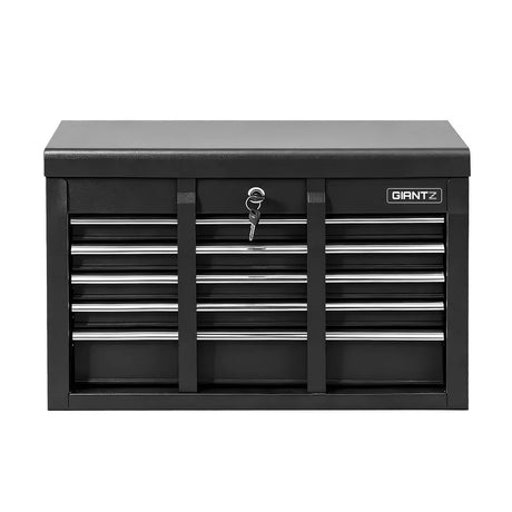 Black Giantz metal tool chest with multiple drawers and central lock with key