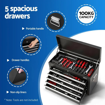 Black metal tool chest with 5 spacious drawers, portable handles, non-slip liners, 100kg capacity