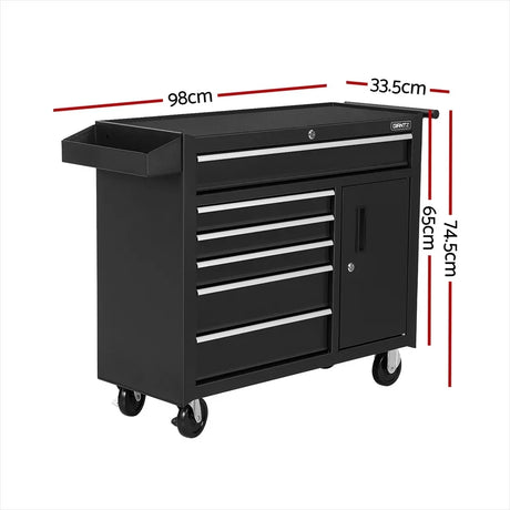 Black rolling tool chest with five drawers, side cabinet, and side tray, dimensions marked