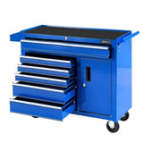 Blue heavy-duty rolling tool chest with multiple open drawers, lockable cabinet, and black top surface