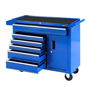 Blue heavy-duty rolling tool chest with multiple open drawers, lockable cabinet, and black top surface