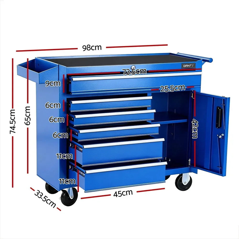 Blue metal tool chest with wheels, five drawers, open side cabinet, and detailed dimensions