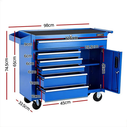 Blue metal tool chest with wheels, five drawers, open side cabinet, and detailed dimensions