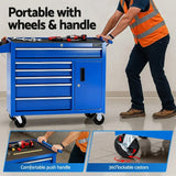Blue portable tool chest with wheels and handle, ergonomic push handle, and 360° lockable castors
