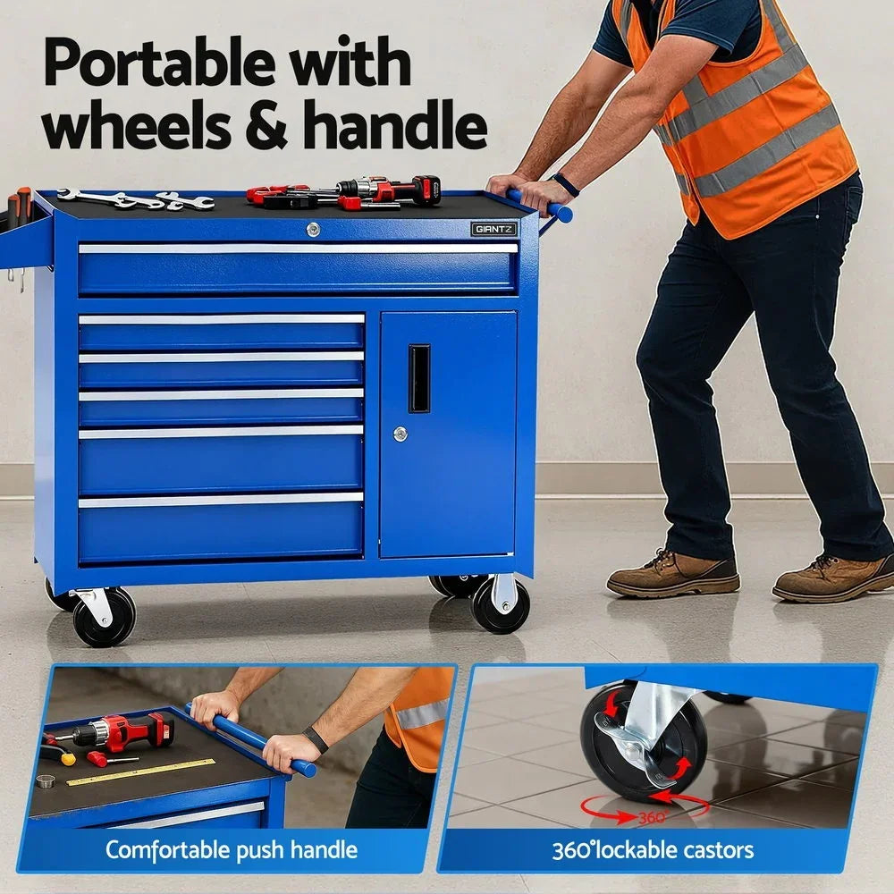 Blue portable tool chest with wheels and handle, ergonomic push handle, and 360° lockable castors