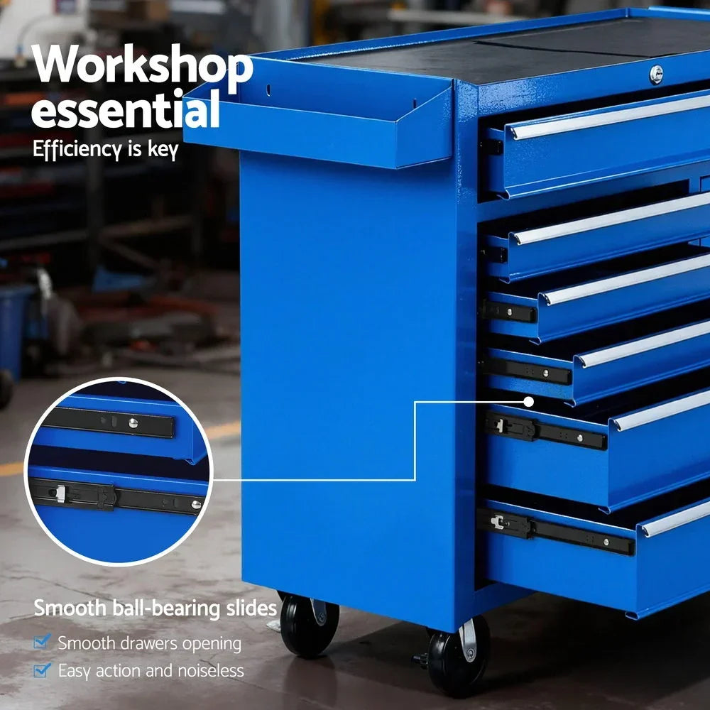 Blue metal workshop tool chest with multiple drawers on caster wheels, highlighting smooth ball-bearing slides
