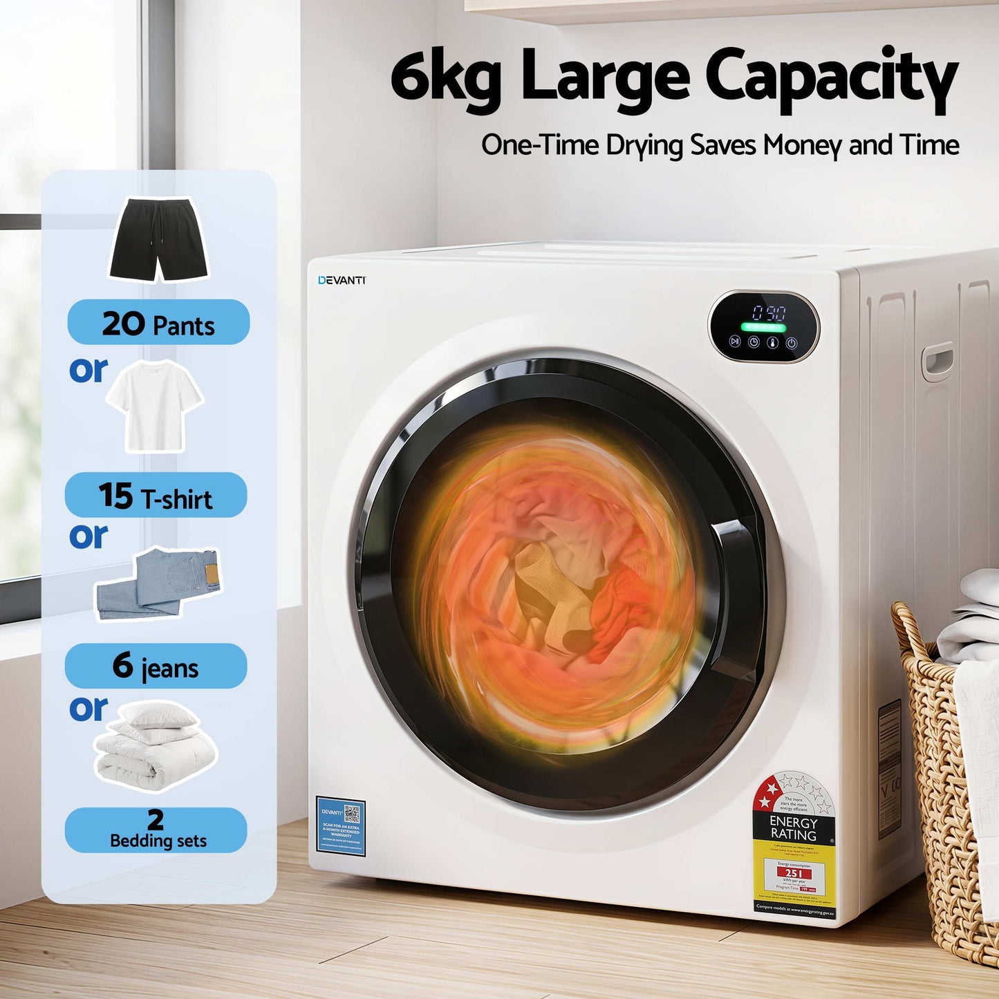 Devanti 6kg Tumble Dryer, Touch Screen, 4 Drying Modes, Stainless Steel Drum