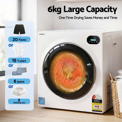 Devanti 6kg Tumble Dryer, Touch Screen, 4 Drying Modes, Stainless Steel Drum