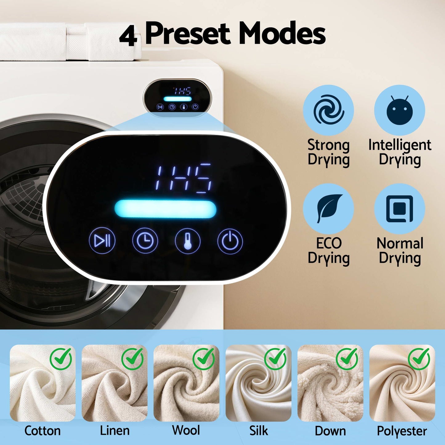 Devanti 6kg Tumble Dryer, Touch Screen, 4 Drying Modes, Stainless Steel Drum