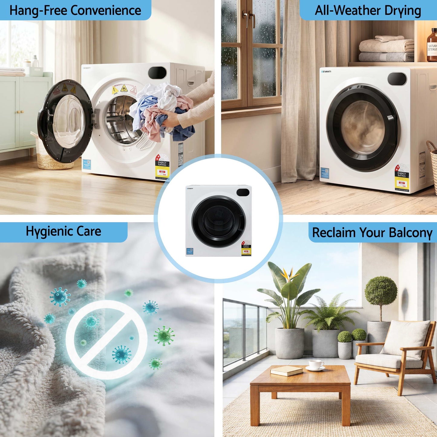 Devanti 6kg Tumble Dryer, Touch Screen, 4 Drying Modes, Stainless Steel Drum