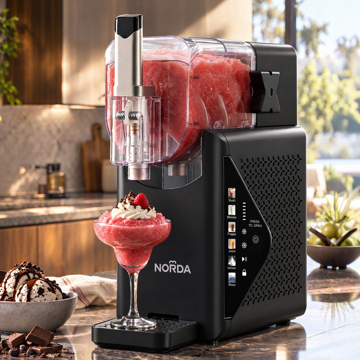 Norda 2.2L slushie machine in black, countertop frozen drink maker