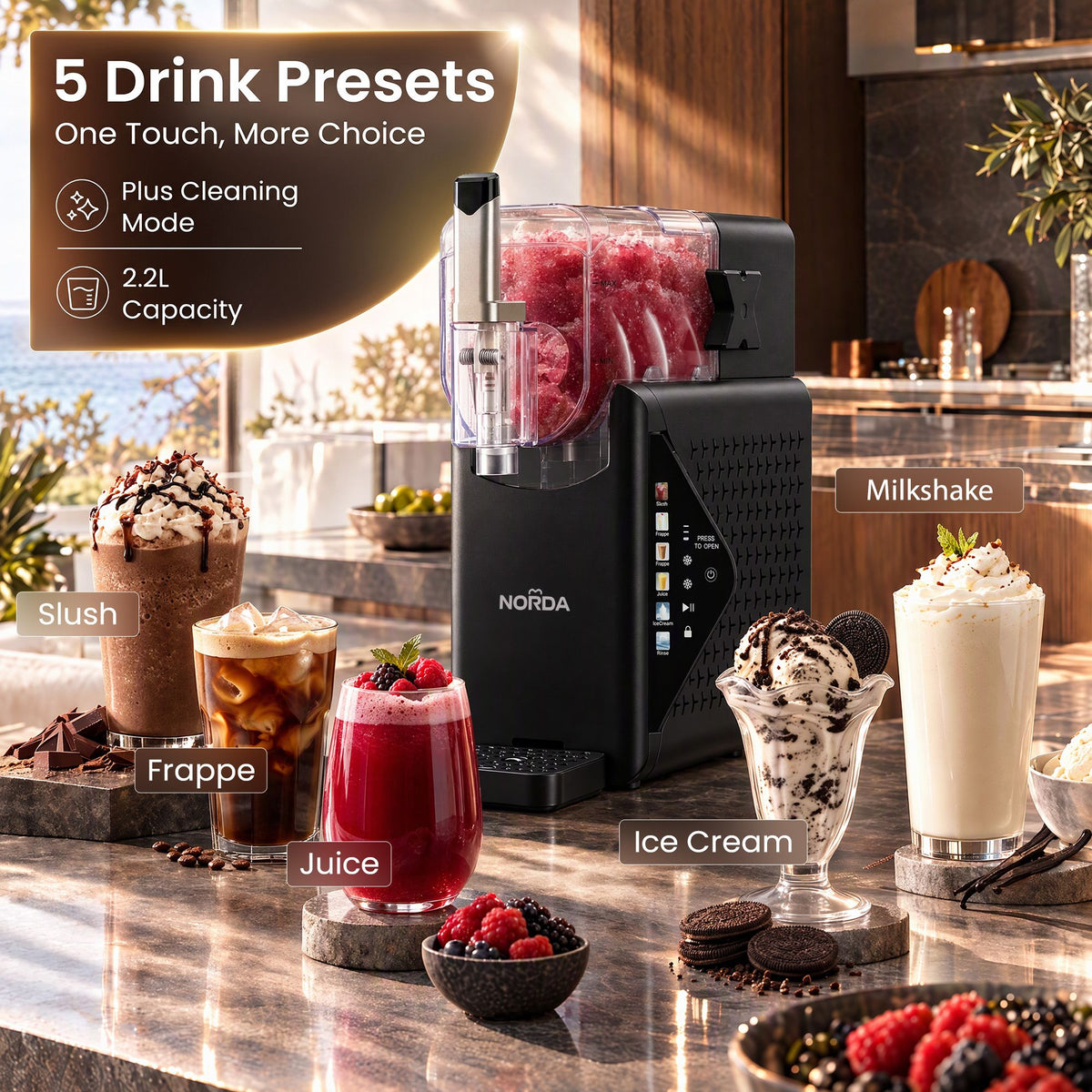 Norda 2.2L slushie machine with a transparent mixing bowl