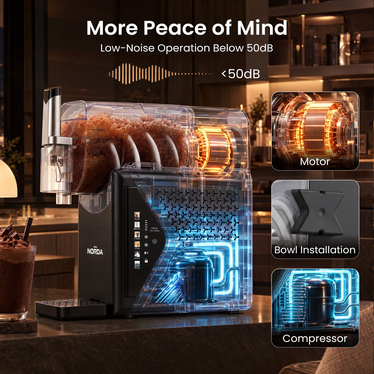 Norda frozen drink maker with a one touch four minute cleaning cycle