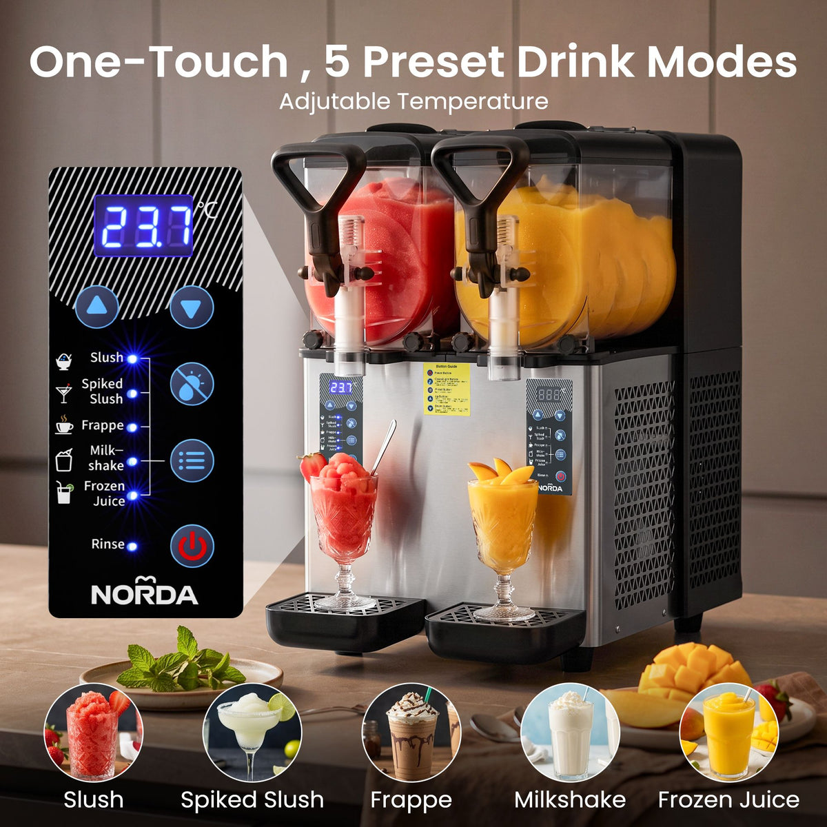 Norda dual tank frozen drink machine with clear polycarbonate tanks and LED lighting