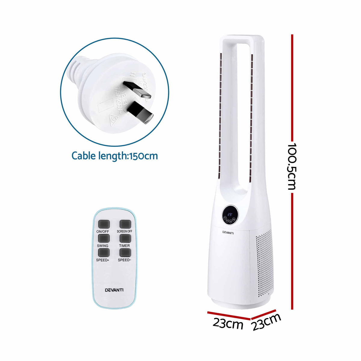 Devanti 100cm Bladeless Tower Fan with Remote - White - view 2