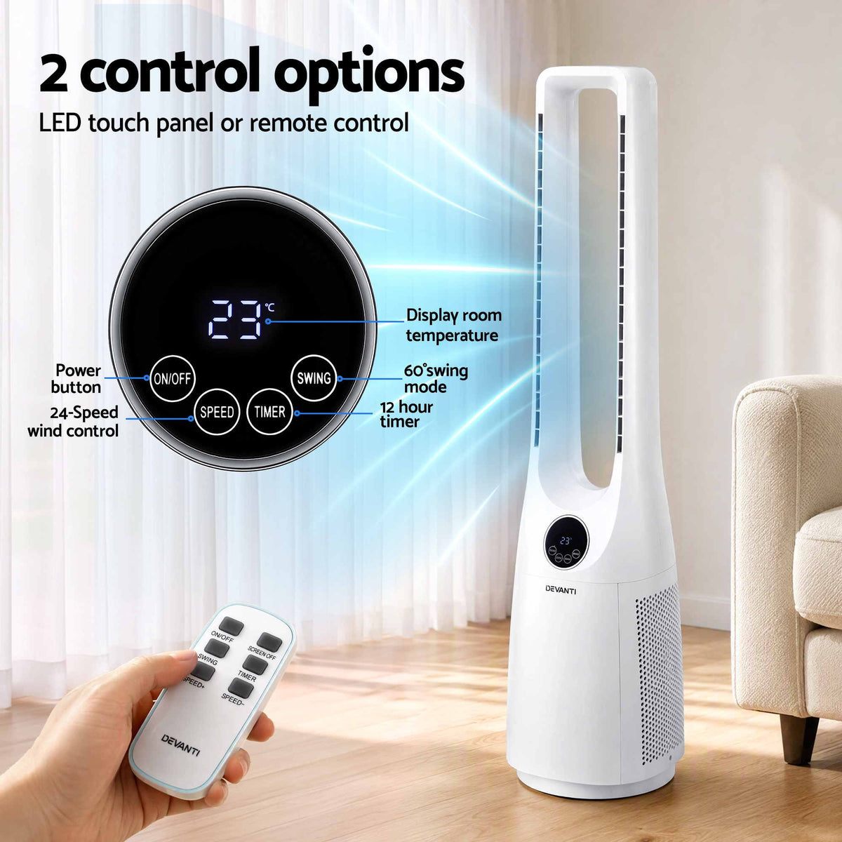 Devanti 100cm Bladeless Tower Fan with Remote - White - view 5