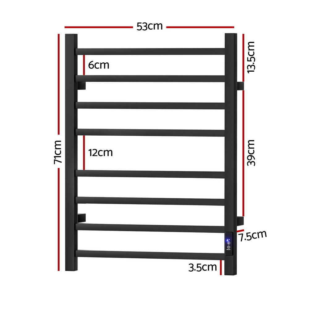 Heated Towel Rail 8 Bar Electric Wall Mount 40-55°C Timer IPX4 105W TUV Black