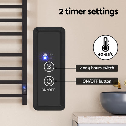 Heated Towel Rail 8 Bar Electric Wall Mount 40-55°C Timer IPX4 105W TUV Black