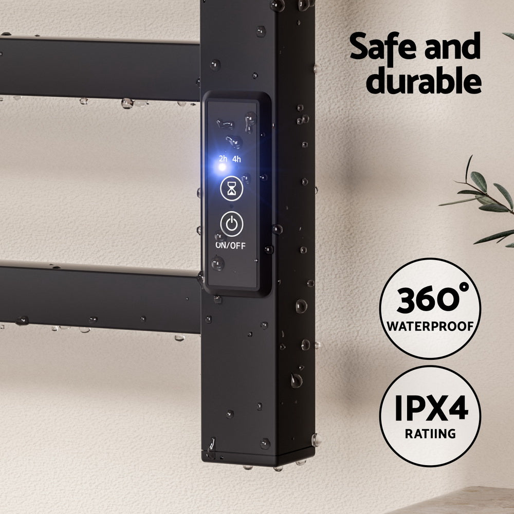 Heated Towel Rail 8 Bar Electric Wall Mount 40-55°C Timer IPX4 105W TUV Black
