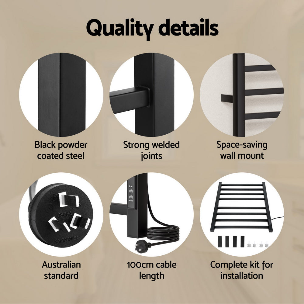 Heated Towel Rail 8 Bar Electric Wall Mount 40-55°C Timer IPX4 105W TUV Black