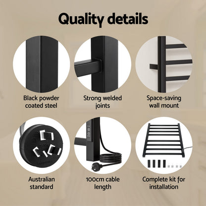 Heated Towel Rail 8 Bar Electric Wall Mount 40-55°C Timer IPX4 105W TUV Black