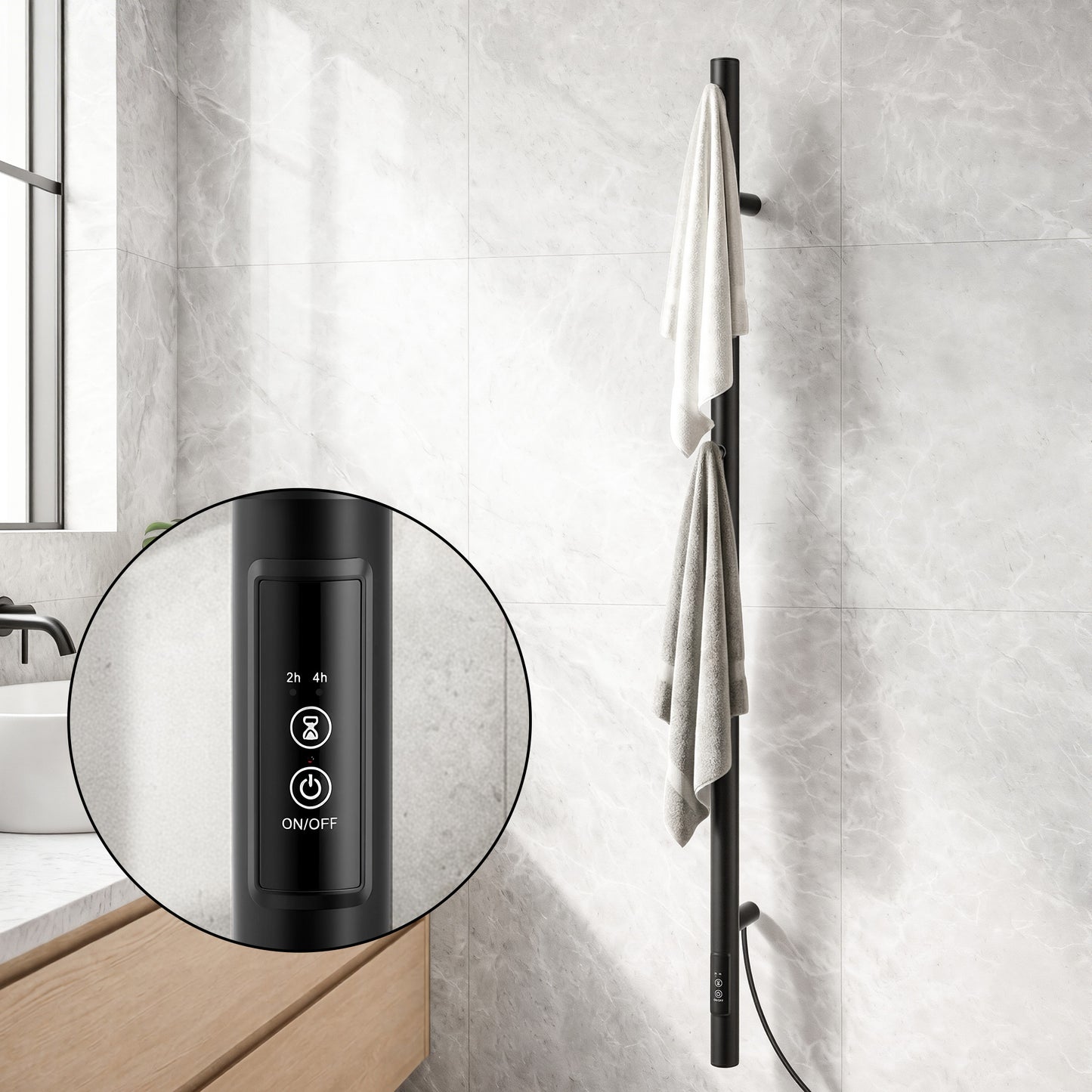 Heated Towel Rail Single Bar Electric Wall Mount 40-55°C Timer IPX4 38W TUV Black