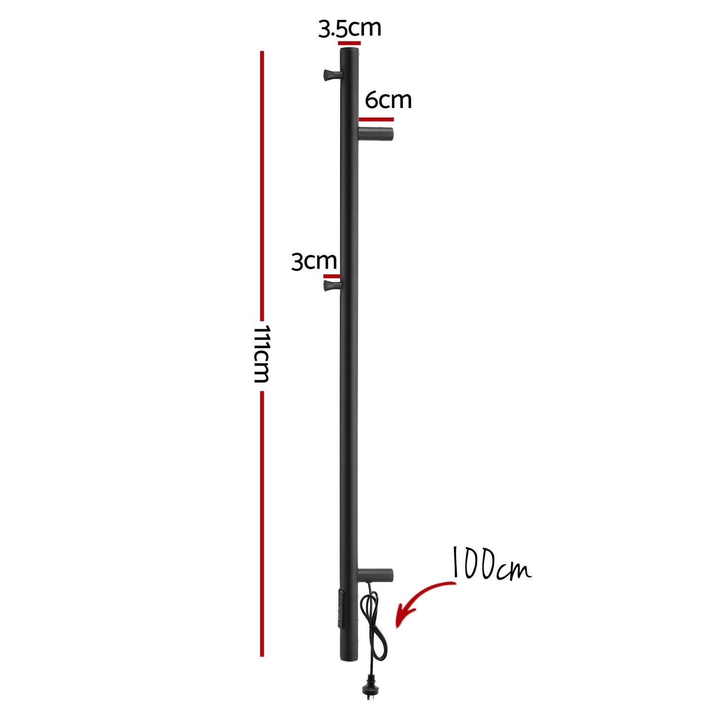 Heated Towel Rail Single Bar Electric Wall Mount 40-55°C Timer IPX4 38W TUV Black