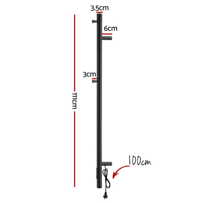Heated Towel Rail Single Bar Electric Wall Mount 40-55°C Timer IPX4 38W TUV Black