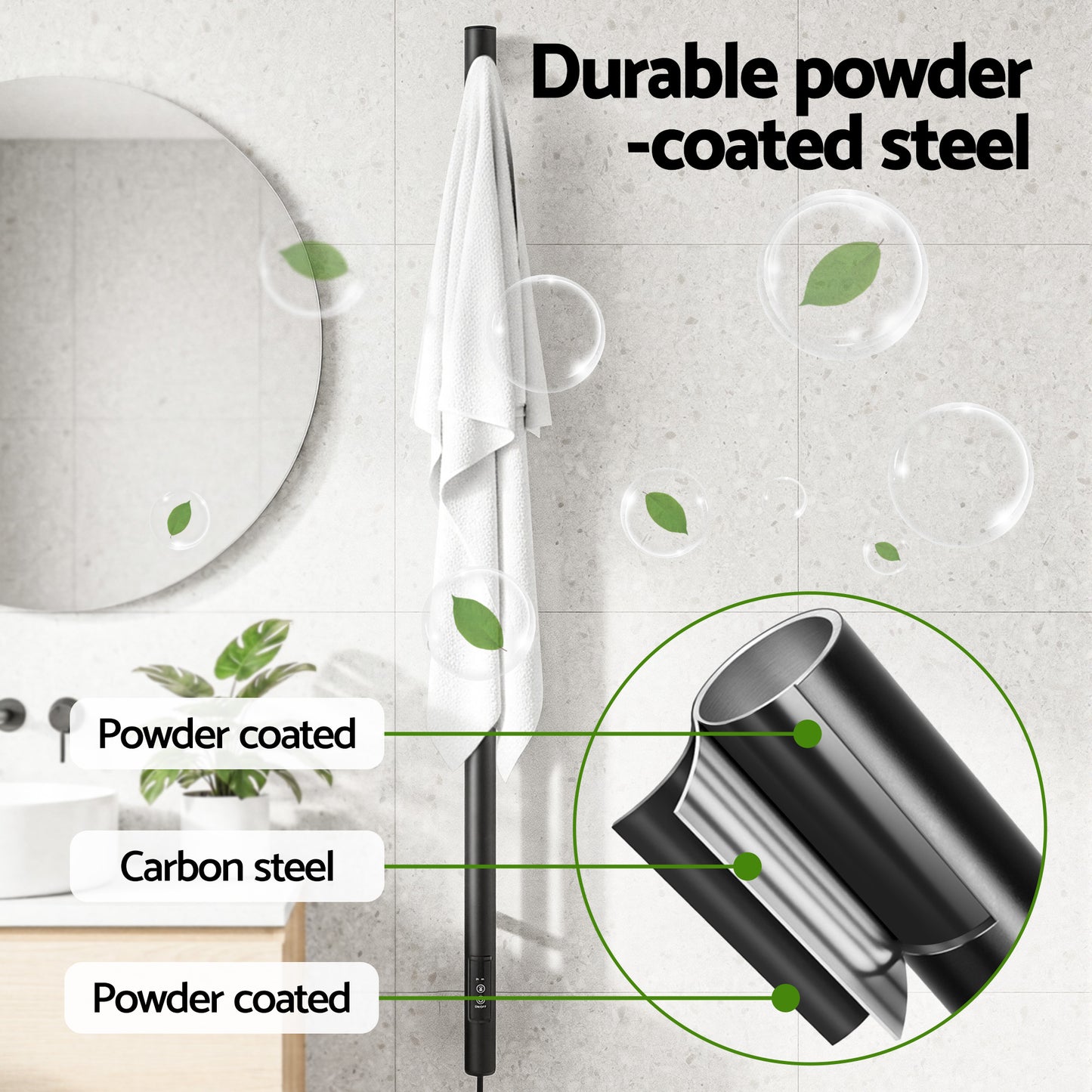 Heated Towel Rail Single Bar Electric Wall Mount 40-55°C Timer IPX4 38W TUV Black