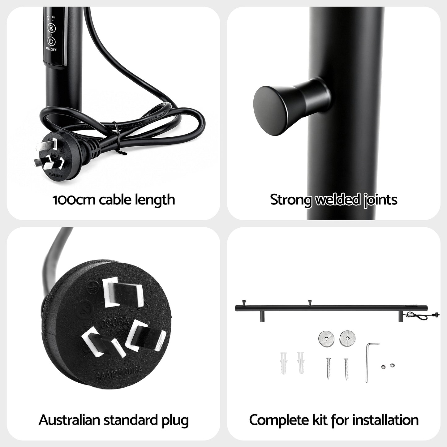 Heated Towel Rail Single Bar Electric Wall Mount 40-55°C Timer IPX4 38W TUV Black