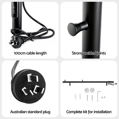 Heated Towel Rail Single Bar Electric Wall Mount 40-55°C Timer IPX4 38W TUV Black