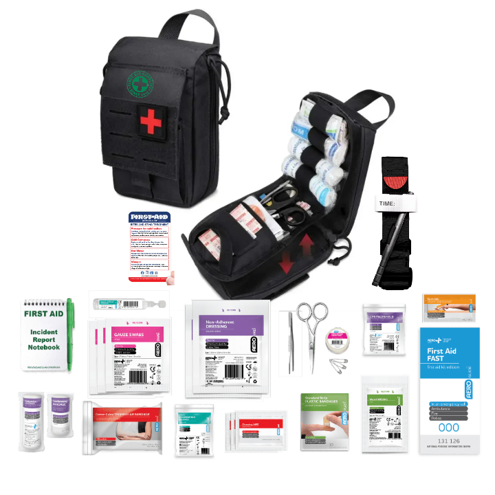 Tactical Waist First Aid Kit, compact waist-mounted kit 20 x 12.5 x 9 cm with flip opening and internal zipper pocket