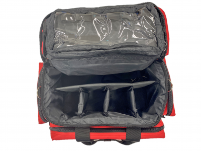 Heavy duty red first responder soft bag, 54 x 48 x 32 cm, with multiple compartments for organised access