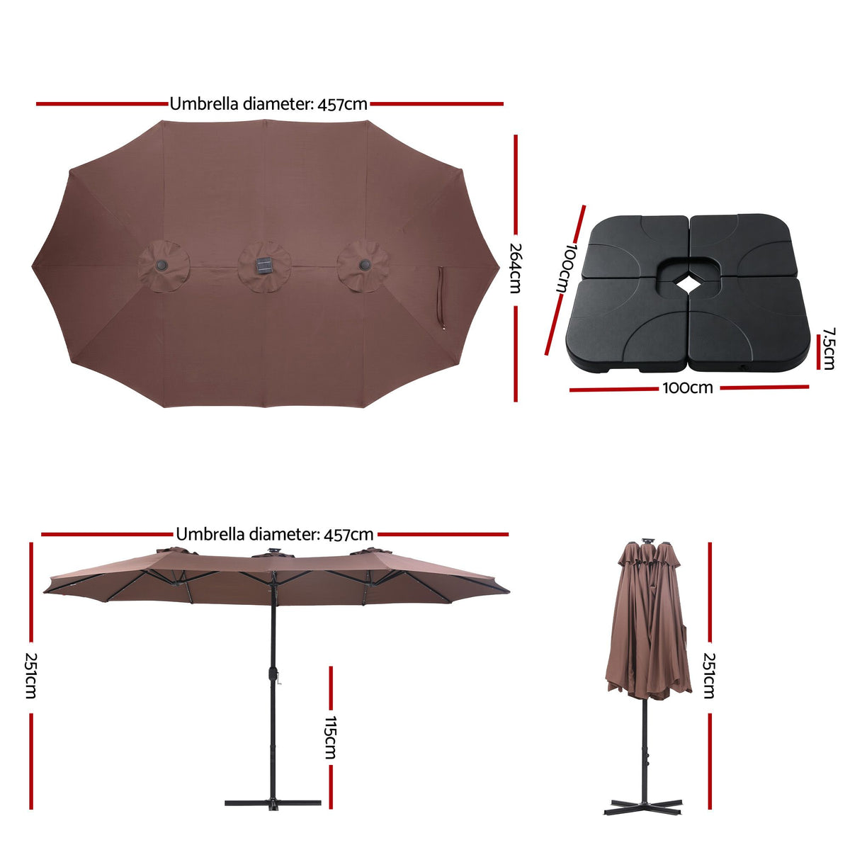 48 solar LED beads along the ribs of the Instahut 4.57m double sided umbrella