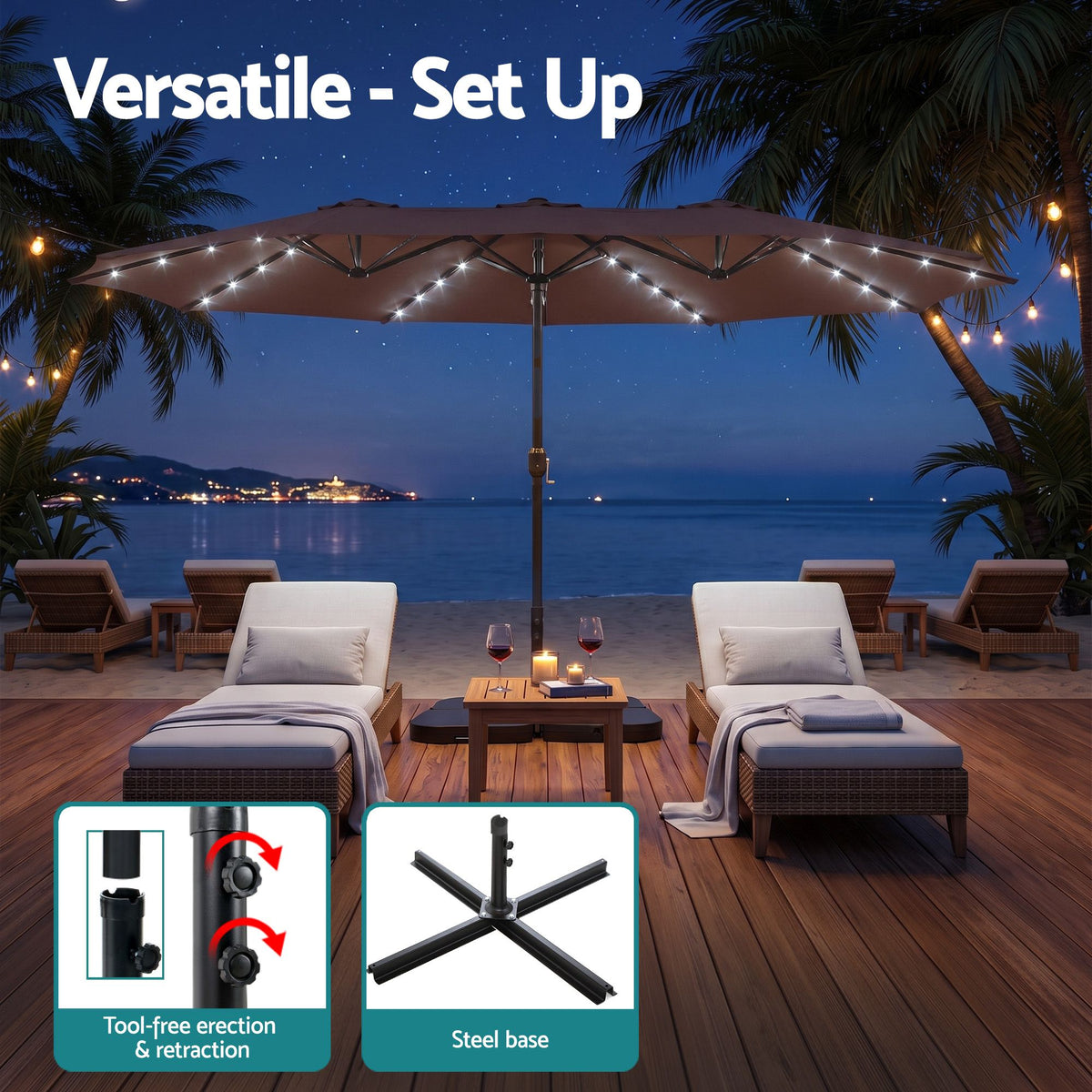 Tool free frame connection on the Instahut 4.57m double sided outdoor umbrella