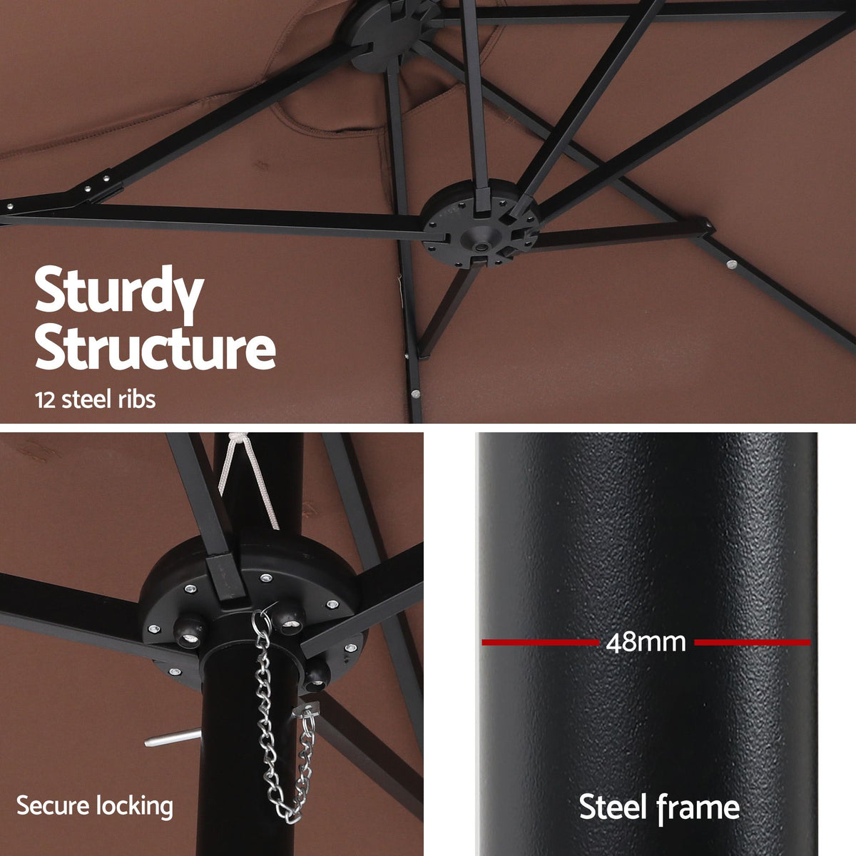 Black PE plastic modular 4 plate umbrella base measuring 50cm x 50cm x 7.5cm