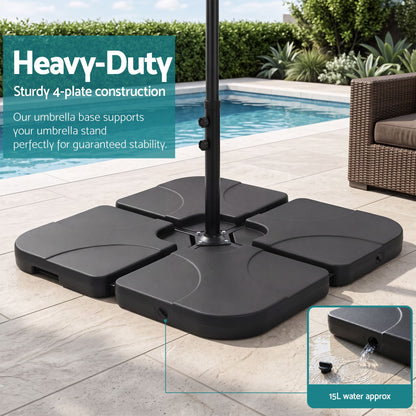 Carry handles on a black 4 plate umbrella base, 8.5kg empty and about 64kg water filled