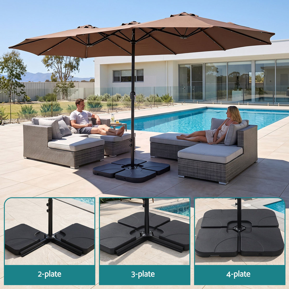Space saving packdown frame on the Instahut 4.57m double sided brown patio umbrella