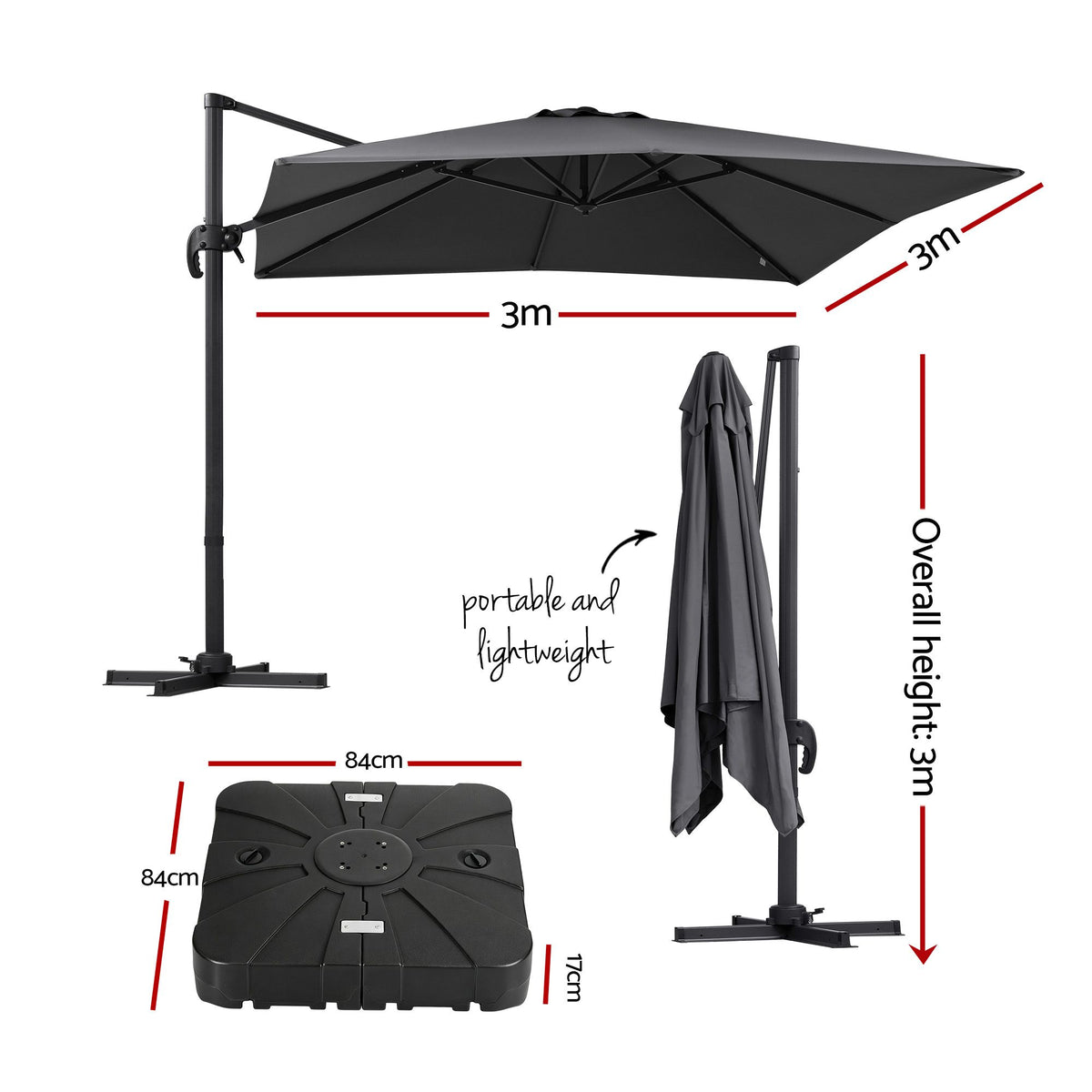 Black aluminium 8 rib frame of the Instahut Roma 3m cantilever umbrella